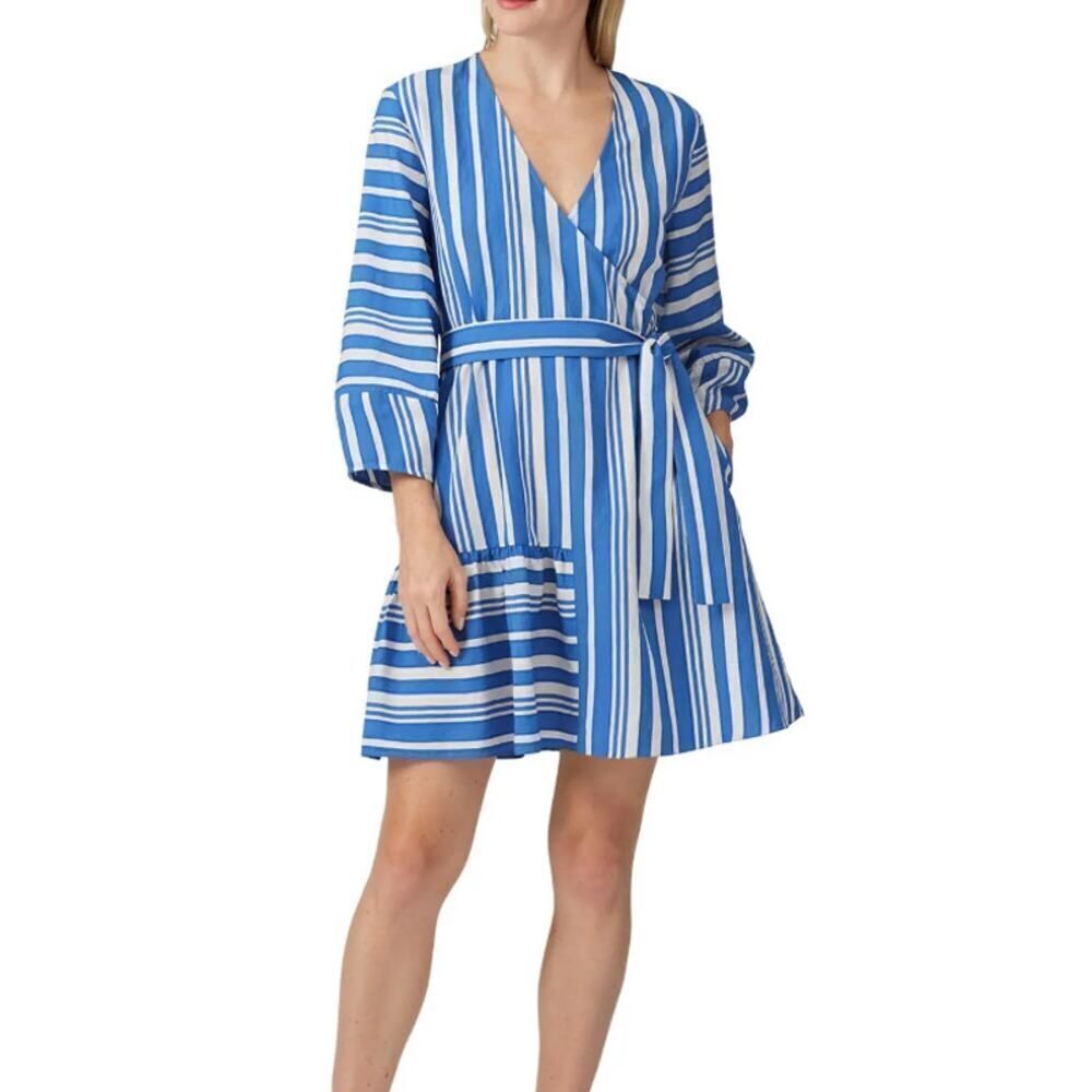 Chinti & Parker Striped Parasol Dress Women's 6 Blue White Wrap 3/4 Sleeves